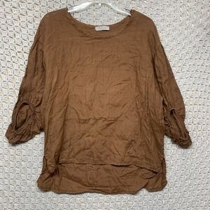 Bellambia 100% Linen Top Blouse Women M Brown Rust BubbleSleeve Lagenlook‎ Italy
